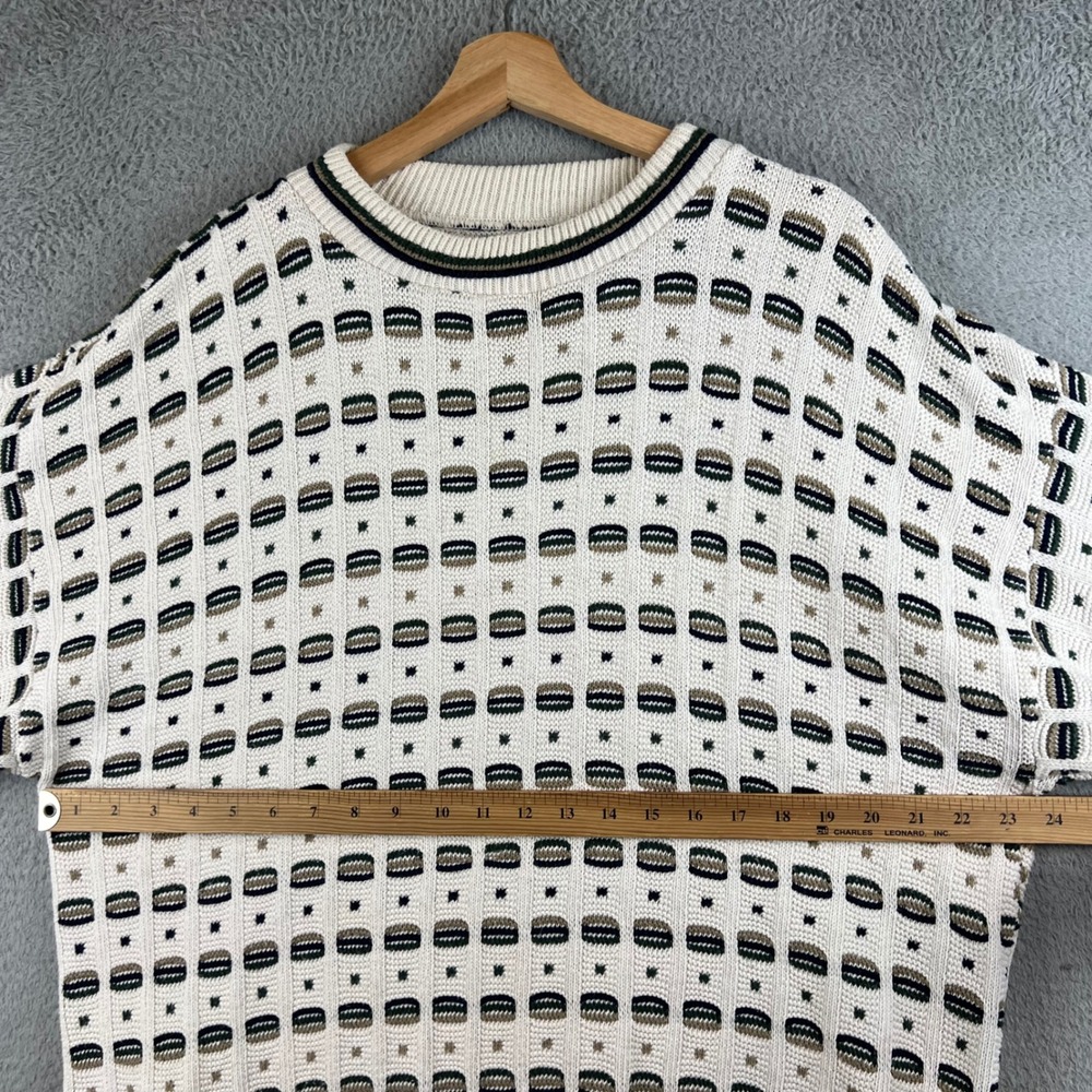 Vintage Textured Knit Geometric Crewneck Sweater Mens Cream Green Brown Pattern - Picture 5 of 8